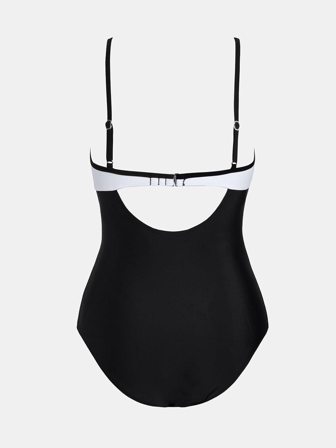imageCUPSHE Womens One Piece Swimsuit Bathing Suit Scoop Neck Cutout Back Hook Color Block Mesh SwimwearBlackWhite