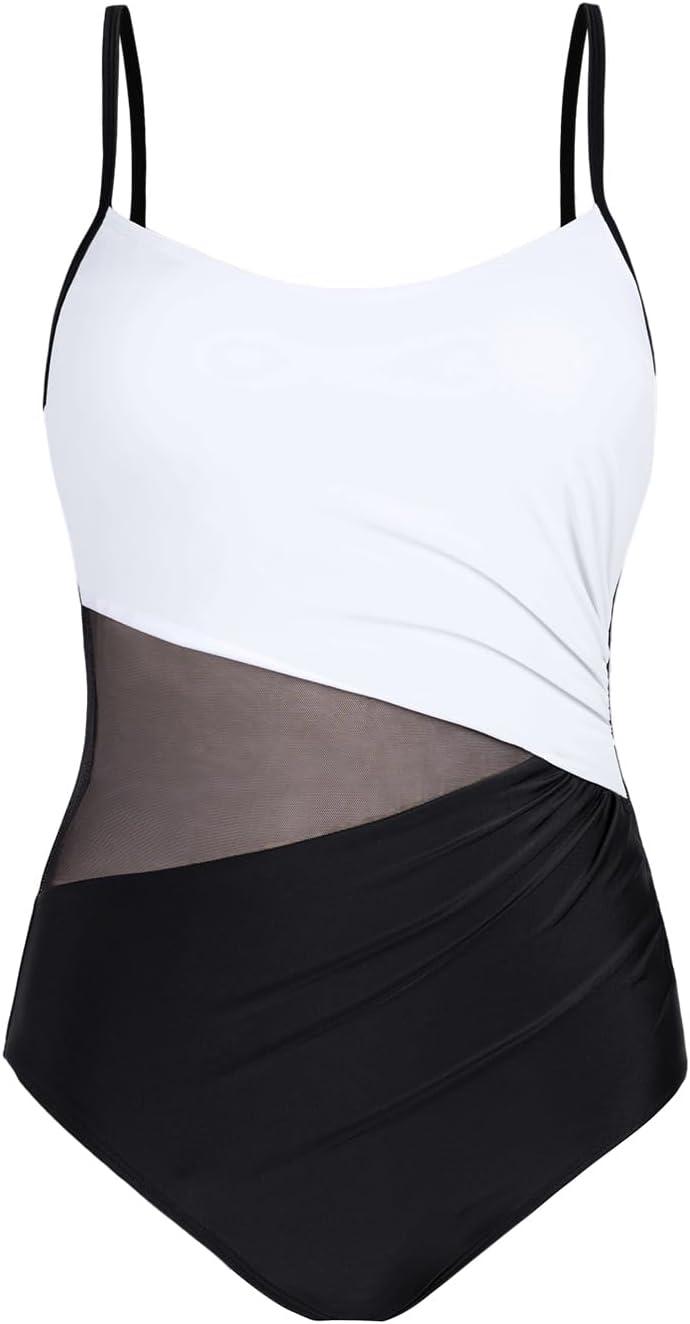 imageCUPSHE Womens One Piece Swimsuit Bathing Suit Scoop Neck Cutout Back Hook Color Block Mesh SwimwearBlackWhite