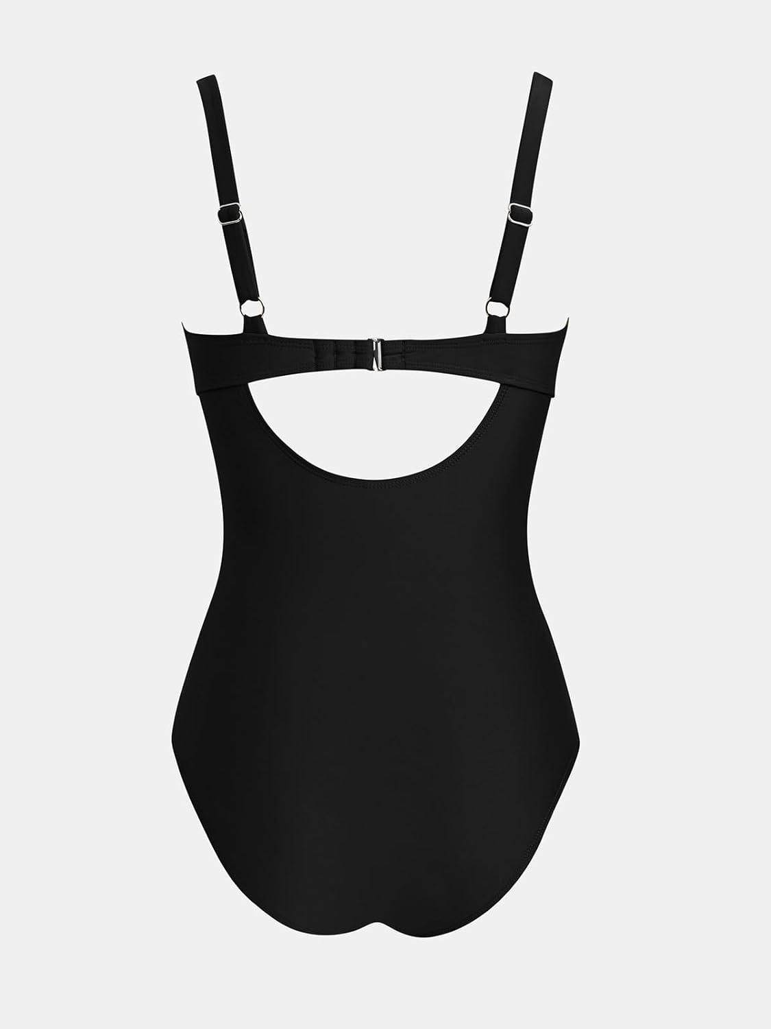 imageCUPSHE Womens One Piece Swimsuit Bathing Suit V Neck Back Hook Cutout Adjustable Straps Ruched MeshBlack