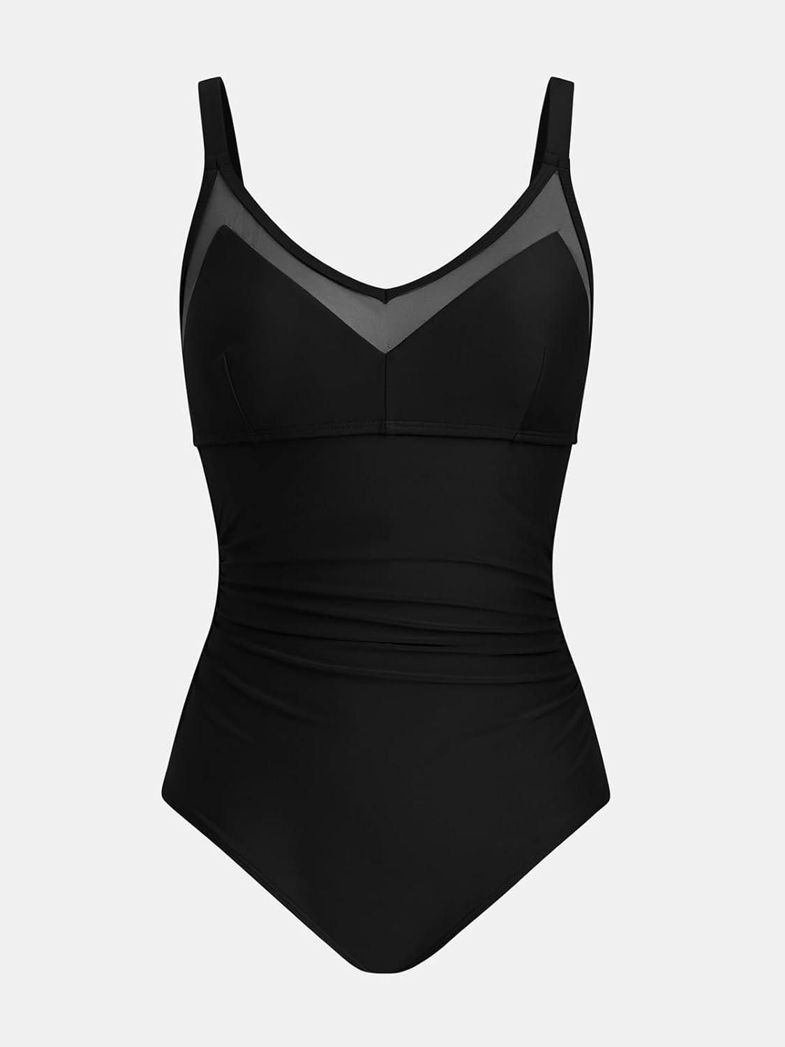 imageCUPSHE Womens One Piece Swimsuit Bathing Suit V Neck Back Hook Cutout Adjustable Straps Ruched MeshBlack
