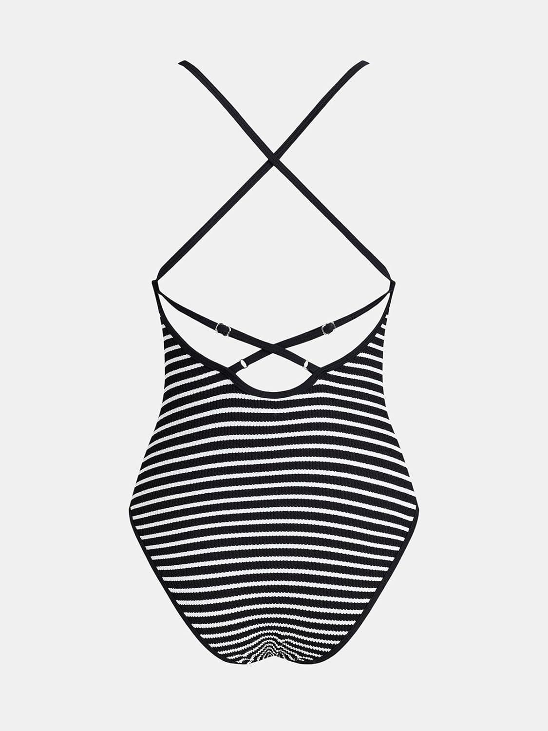 imageCUPSHE Womens One Piece Swimsuit Deep V Neck Bathing Suit Crisscross Back Adjustable Straps Spaghetti Ribbed CheekyBlackWhite Striped