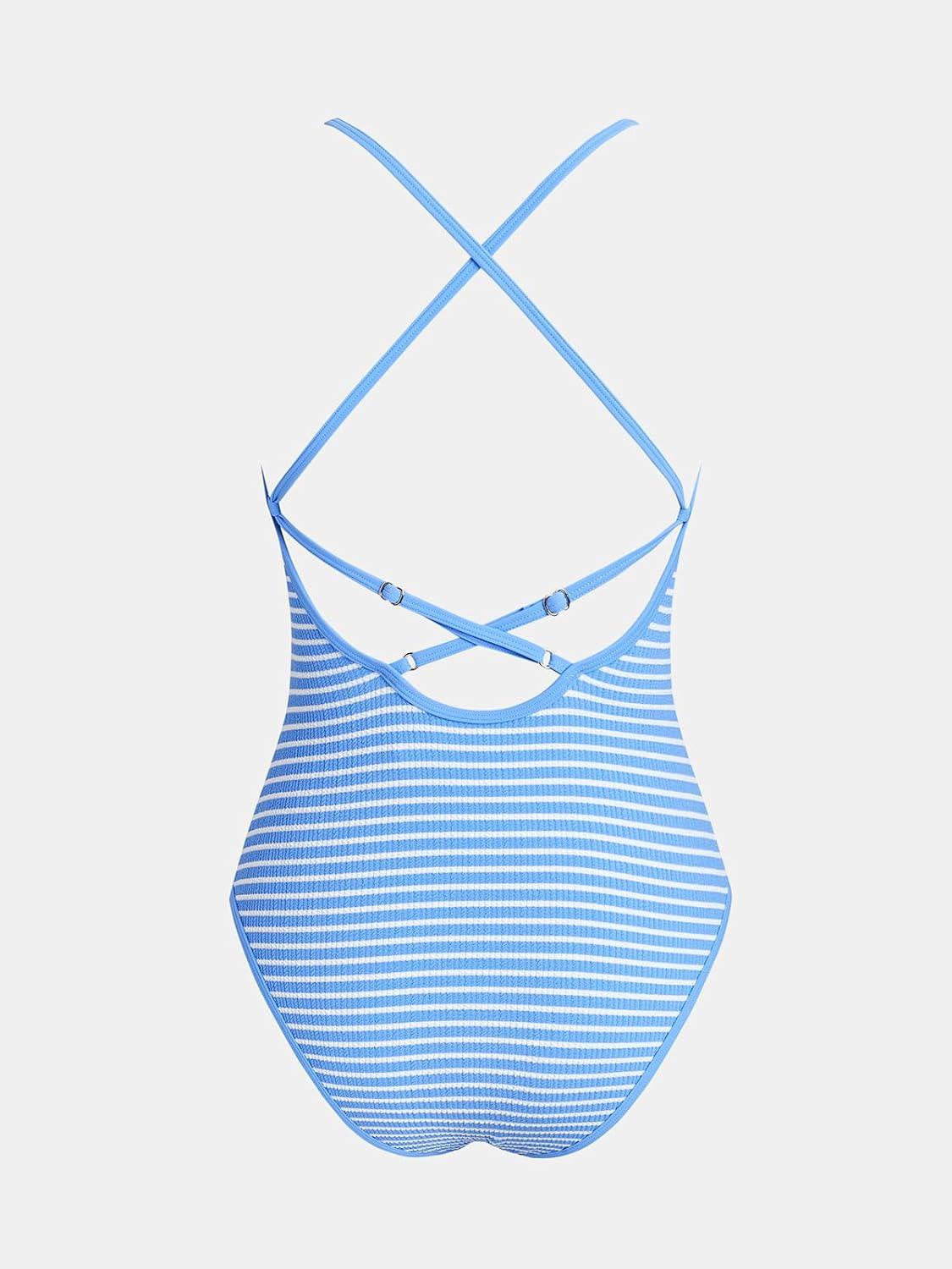 imageCUPSHE Womens One Piece Swimsuit Deep V Neck Bathing Suit Crisscross Back Adjustable Straps Spaghetti Ribbed CheekySky BlueWhite Striped