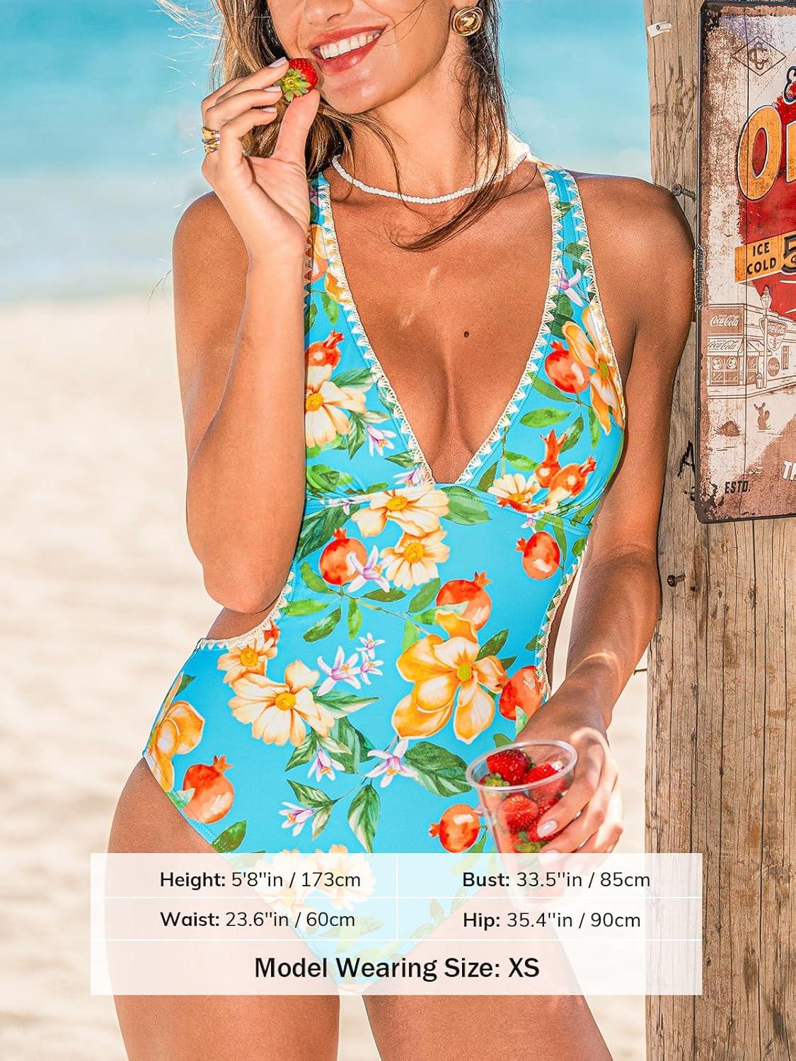 imageCUPSHE Womens One Piece Swimsuit Deep V Neck Bathing Suit Cutout Crisscross Back Adjustable Straps Self Tie StitchingTurquoise BlueOrange Floral