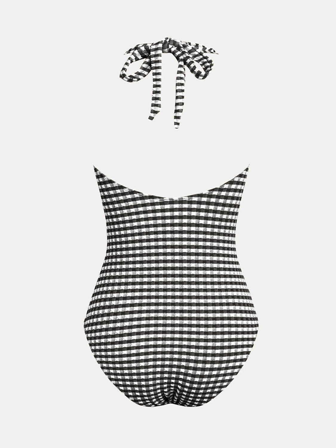 imageCUPSHE Womens One Piece Swimsuit Halter Strap V Neck Bathing Suit Backless Full Coverage Color Block SwimwearDeep GreyGeo