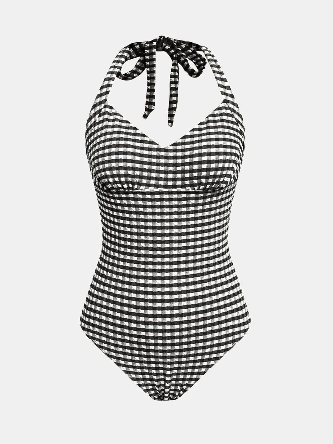 imageCUPSHE Womens One Piece Swimsuit Halter Strap V Neck Bathing Suit Backless Full Coverage Color Block SwimwearDeep GreyGeo