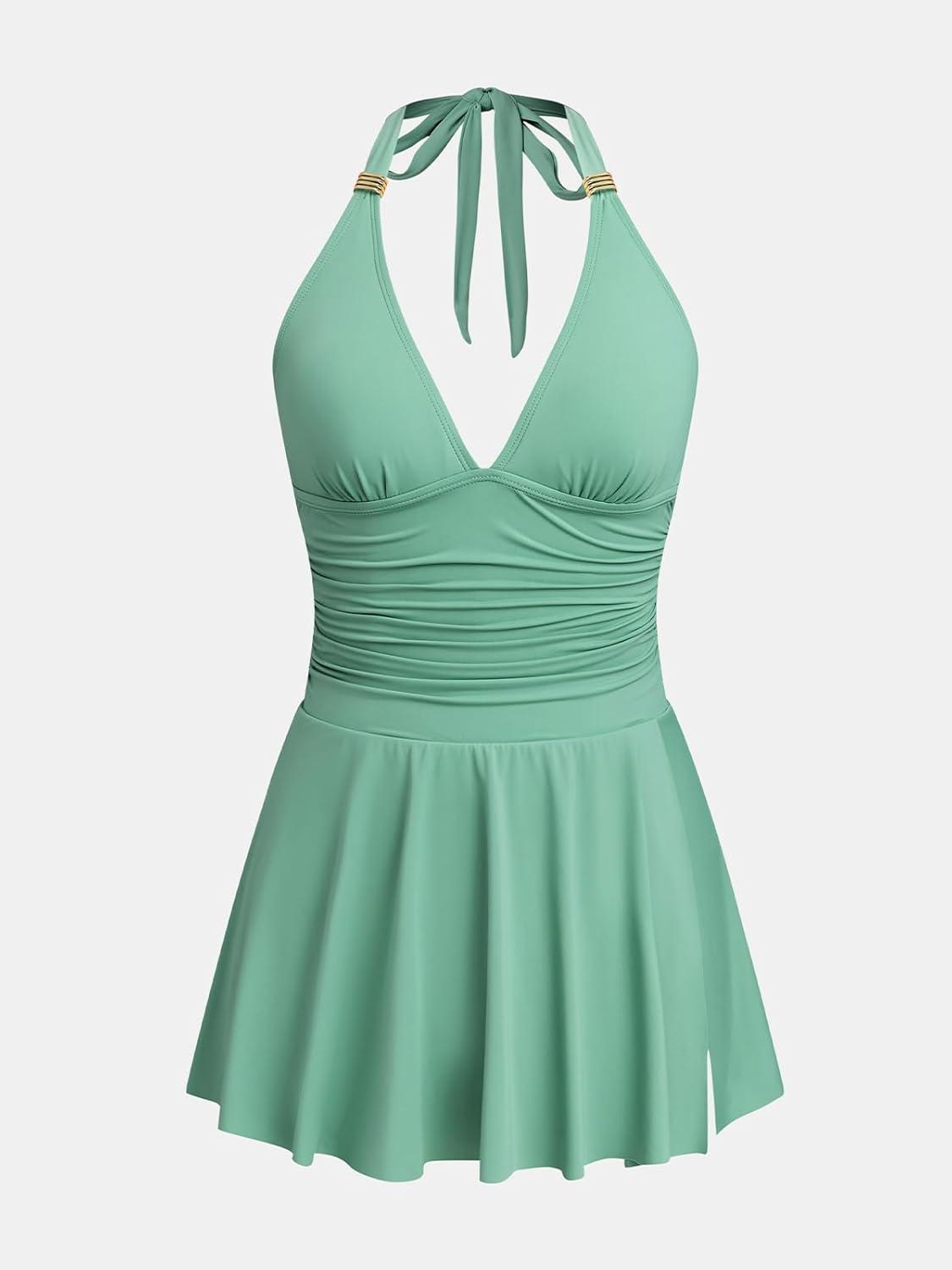 imageCUPSHE Womens One Piece Swimsuit Halter Swim Dress Tummy Control Bathing Suit V Neck Ruched Swim SkirtMint Green