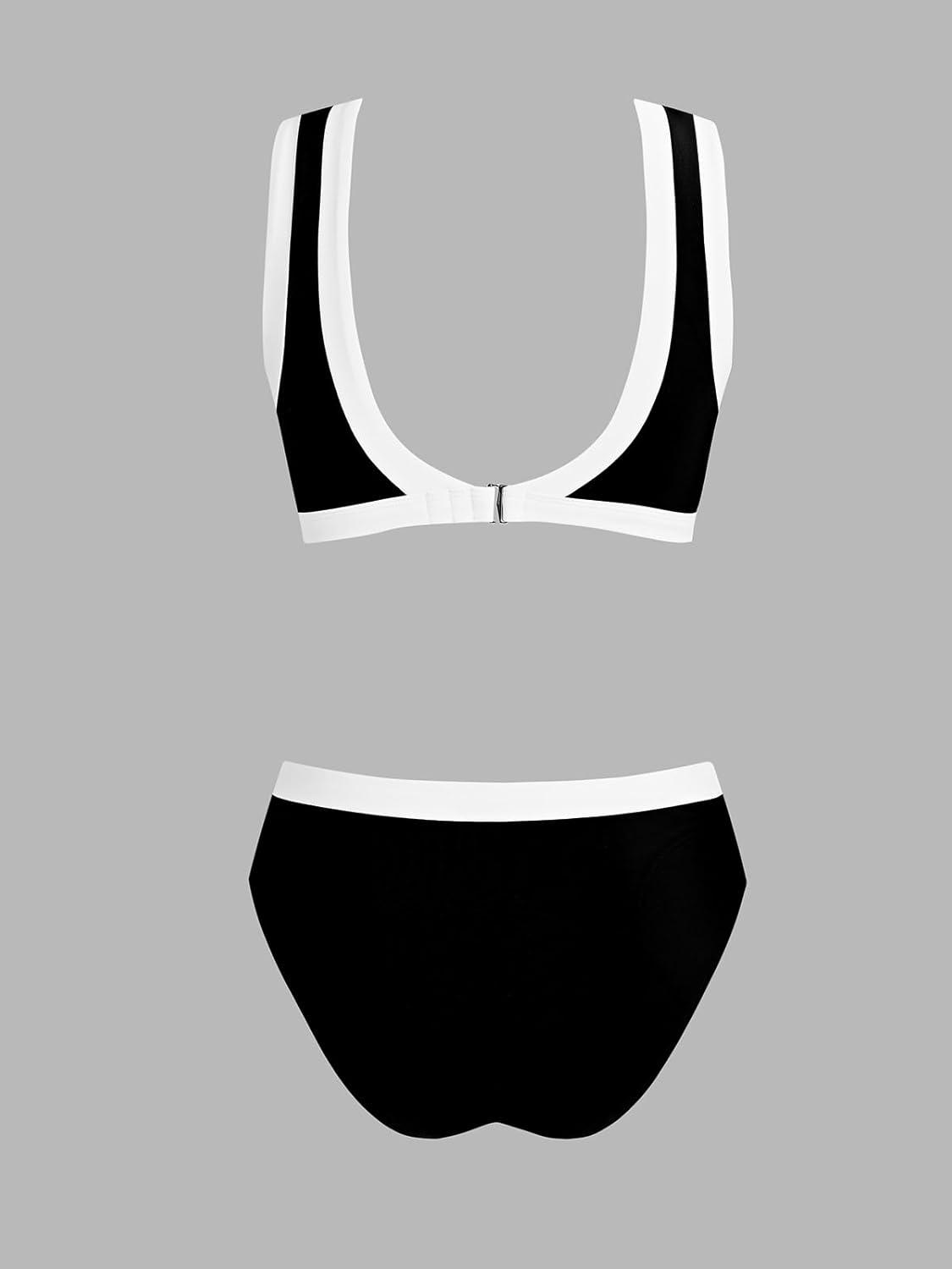 imageCUPSHE Womens One Piece Swimsuit High Neck Bathing Suit Side Cutout Color Block Wide Straps Sporty Back HookBlackWhite