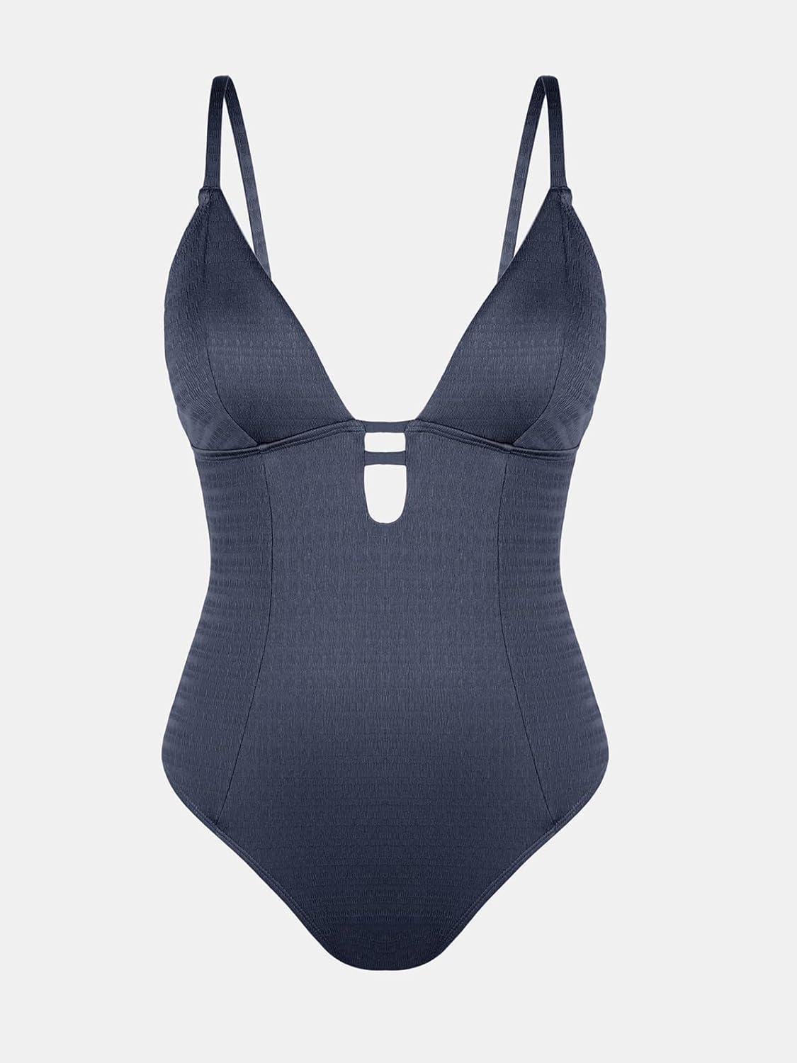 imageCUPSHE Womens One Piece Swimsuit Plunging Deep V Neck Keyhole Open Back Adjustable Strap Bathing Suit TexturedDark Grey