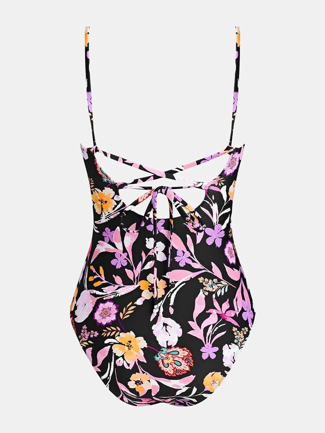 imageCUPSHE Womens One Piece Swimsuit Plunging Neck V Wire Bathing Suit Crisscross Straps Adjustable Self Tie SwimwearBlackFloral