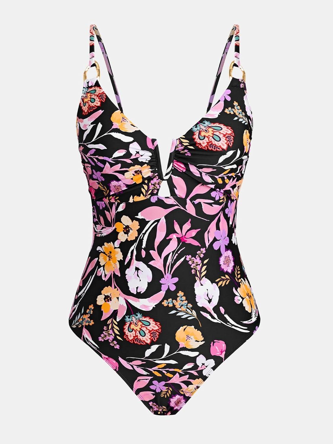 imageCUPSHE Womens One Piece Swimsuit Plunging Neck V Wire Bathing Suit Crisscross Straps Adjustable Self Tie SwimwearBlackFloral