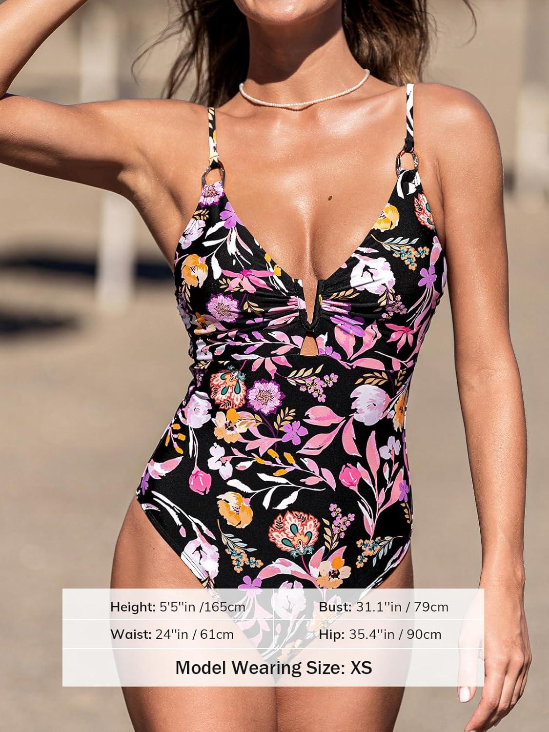 imageCUPSHE Womens One Piece Swimsuit Plunging Neck V Wire Bathing Suit Crisscross Straps Adjustable Self Tie SwimwearBlackFloral