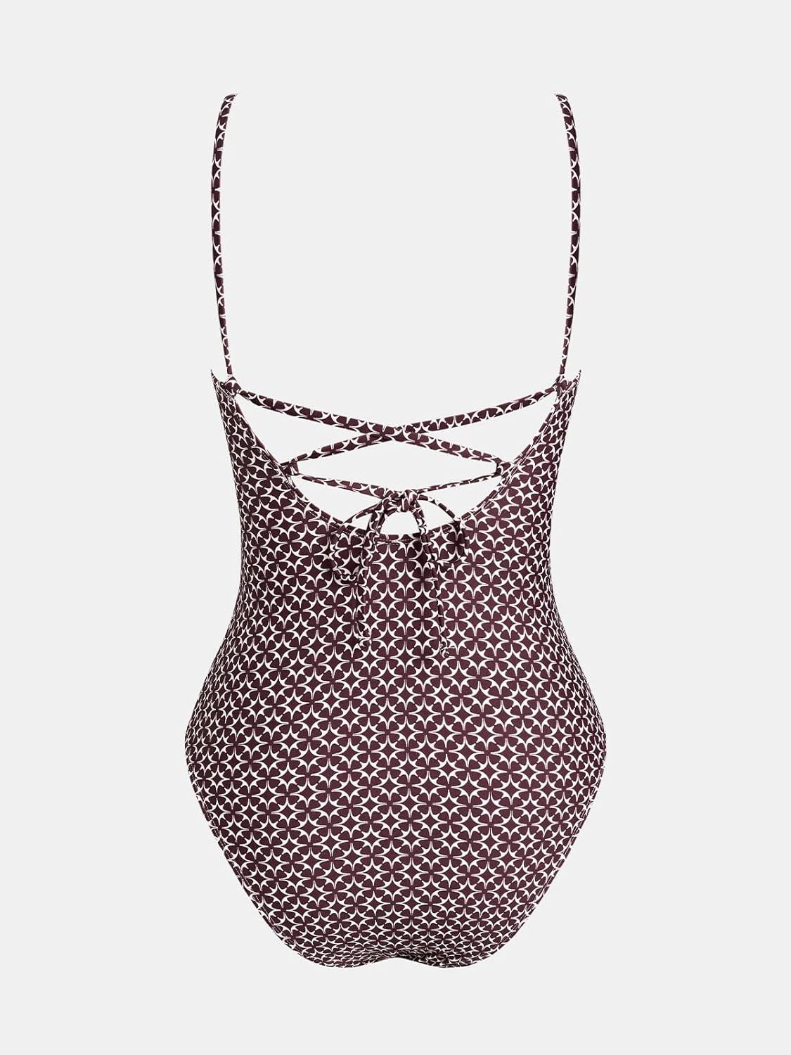 imageCUPSHE Womens One Piece Swimsuit Plunging Neck V Wire Bathing Suit Crisscross Straps Adjustable Self Tie SwimwearBrownGeo Cloverl
