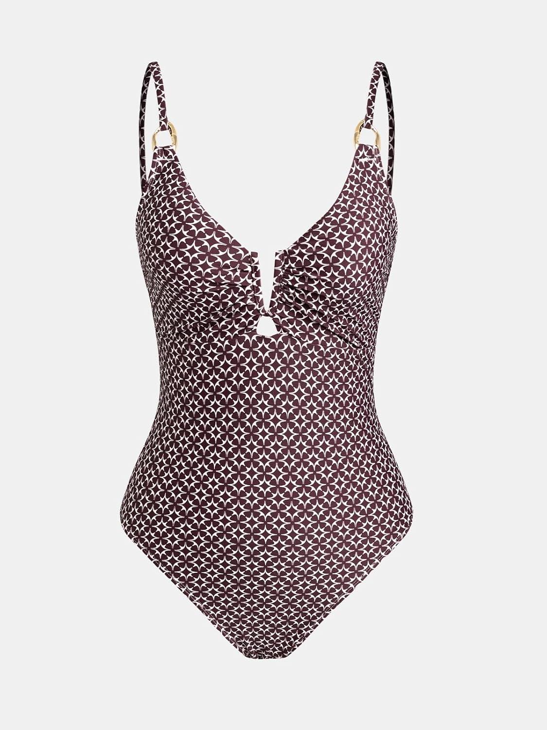 imageCUPSHE Womens One Piece Swimsuit Plunging Neck V Wire Bathing Suit Crisscross Straps Adjustable Self Tie SwimwearBrownGeo Cloverl
