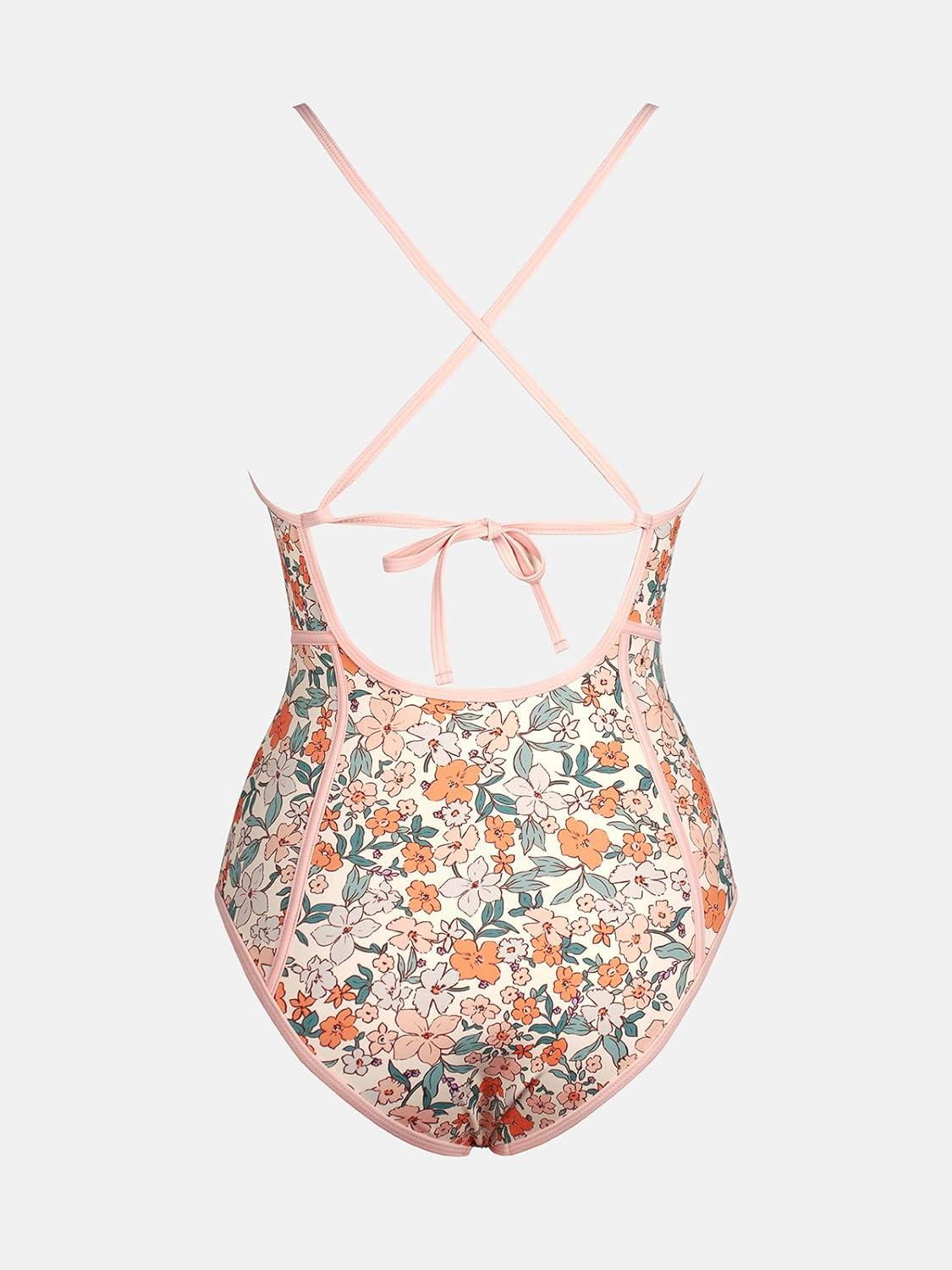 imageCUPSHE Womens One Piece Swimsuit Plunging V Neck Bathing Suit Crisscross Back Tie Slimming Color BlockBeigeDitsy Floral