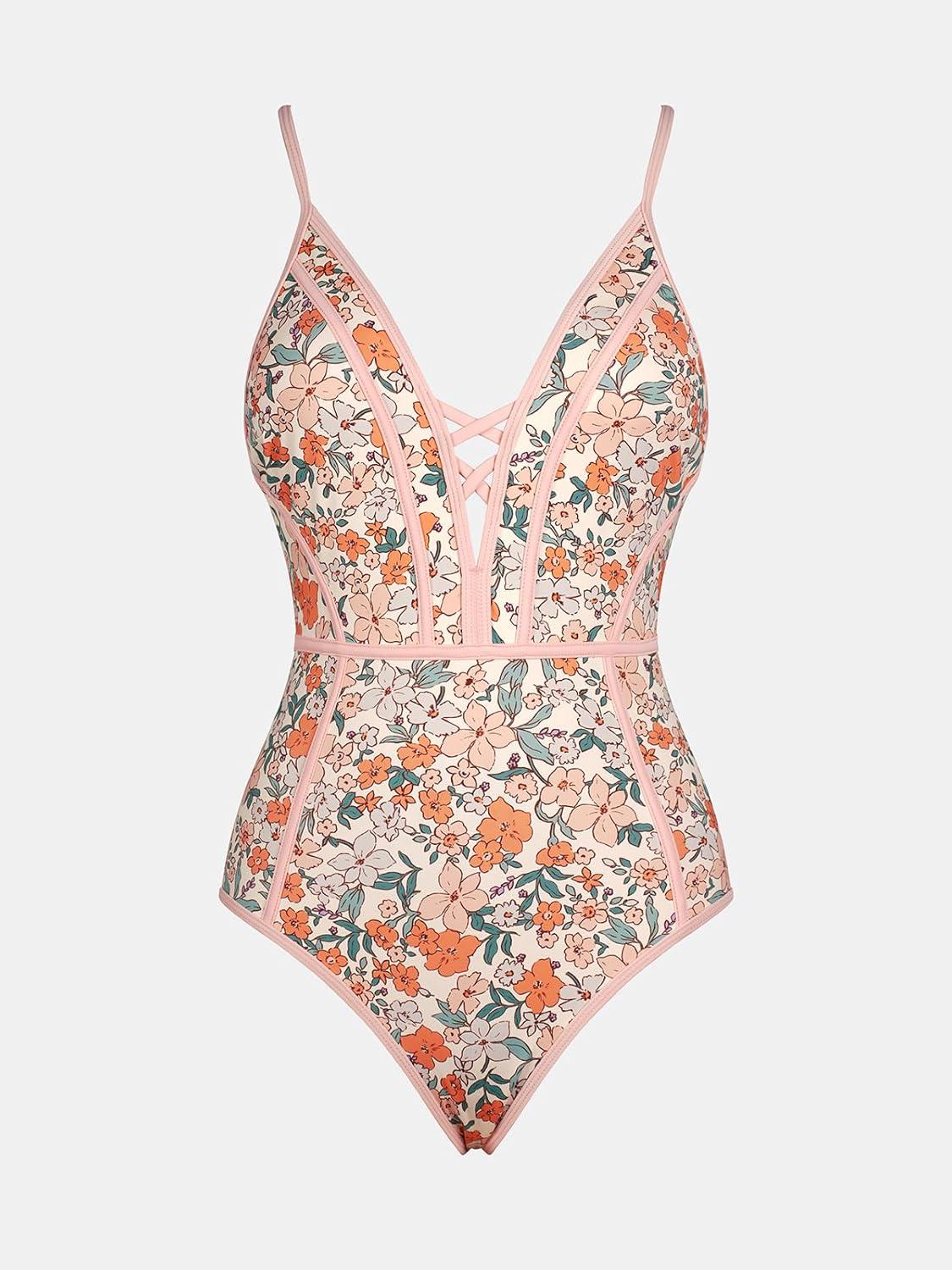 imageCUPSHE Womens One Piece Swimsuit Plunging V Neck Bathing Suit Crisscross Back Tie Slimming Color BlockBeigeDitsy Floral