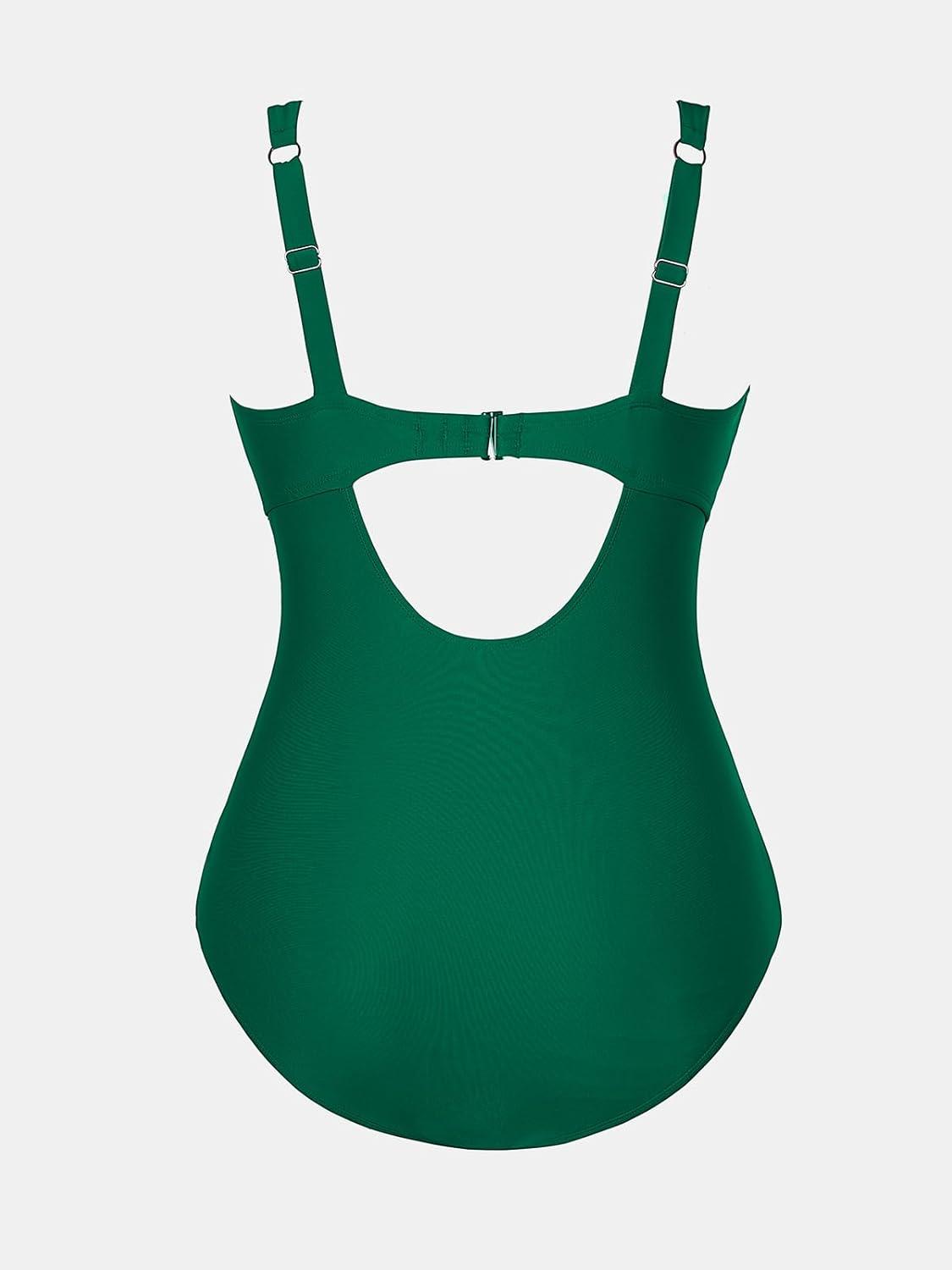 imageCUPSHE Womens One Piece Swimsuit Plus Size Tummy Control V Neck Bathing Suit Curvy Cutout SlimmingForest Green