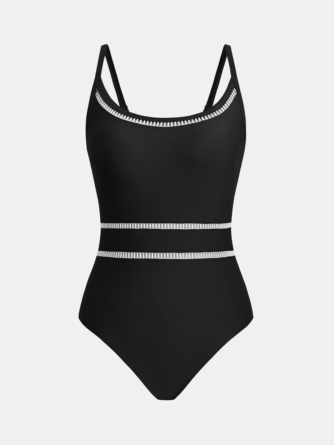 imageCUPSHE Womens One Piece Swimsuit Round Neck Bathing Suit Mesh Adjustable Straps SpaghettiBlack