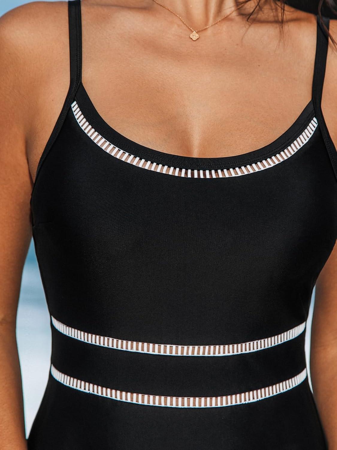 imageCUPSHE Womens One Piece Swimsuit Round Neck Bathing Suit Mesh Adjustable Straps SpaghettiBlack