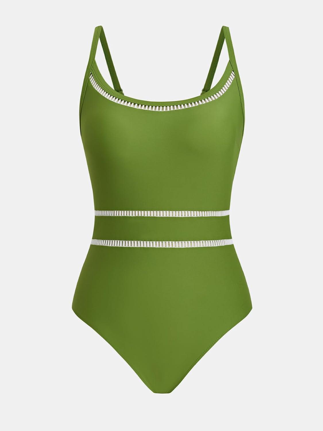 imageCUPSHE Womens One Piece Swimsuit Round Neck Bathing Suit Mesh Adjustable Straps SpaghettiMoss Green