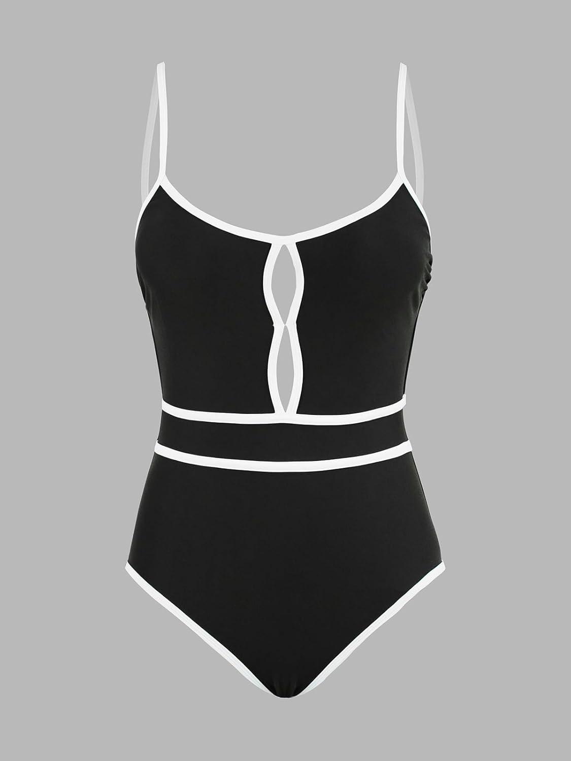 imageCUPSHE Womens One Piece Swimsuit Scoop Neck Bathing Suit Keyhole Cutout Color Block Adjustable Straps SwimwearBlackWhite