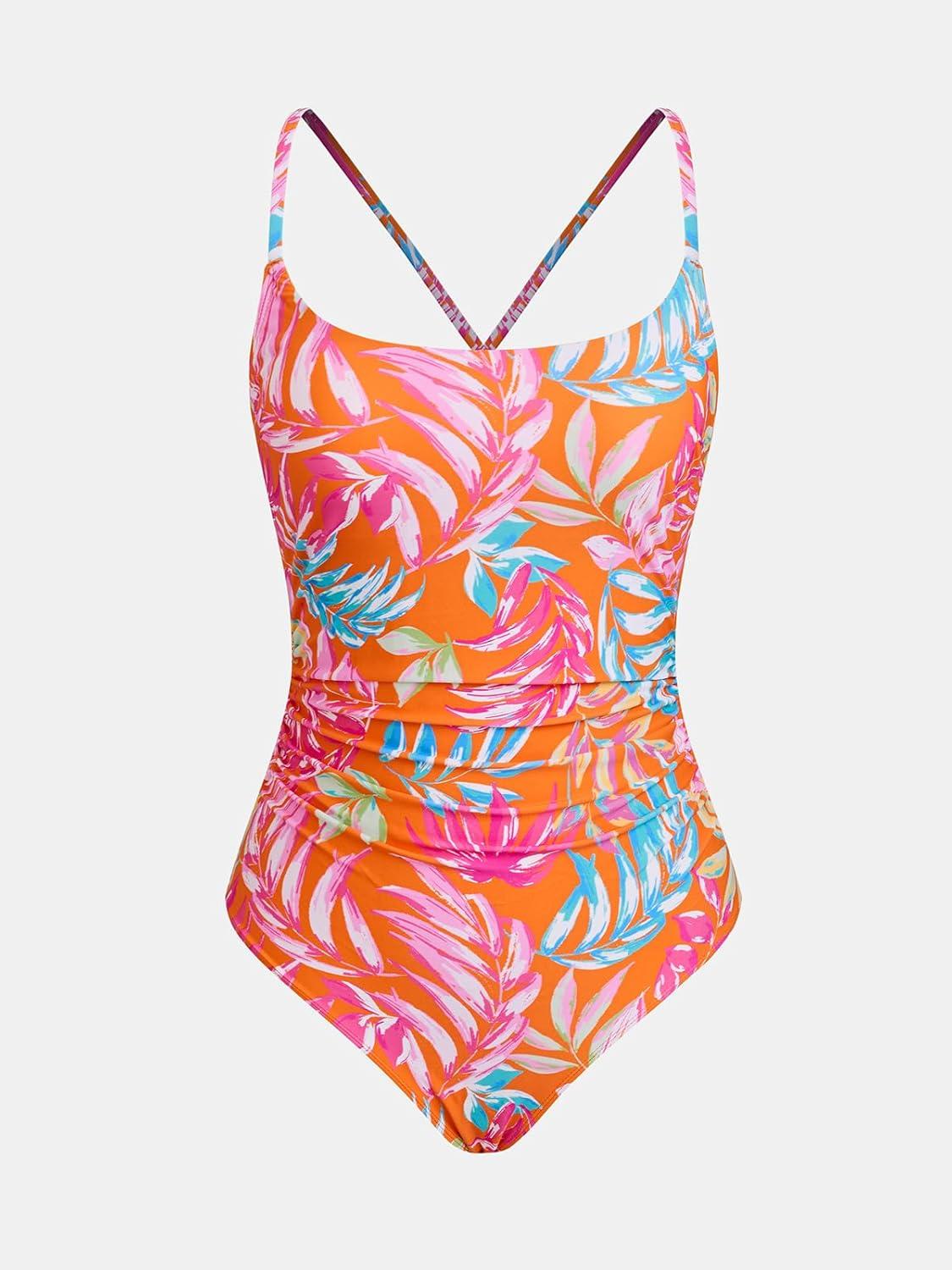 imageCUPSHE Womens One Piece Swimsuit Scoop Neck Crisscross Self Tied Bathing Suit Adjustable StrapsOrangeTropical Leaf