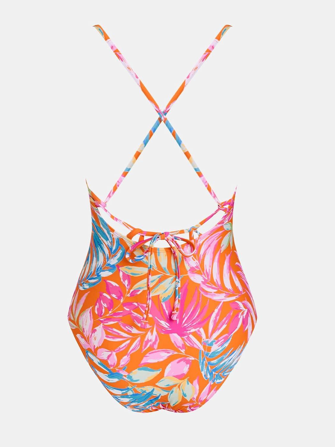 imageCUPSHE Womens One Piece Swimsuit Scoop Neck Crisscross Self Tied Bathing Suit Adjustable StrapsOrangeTropical Leaf