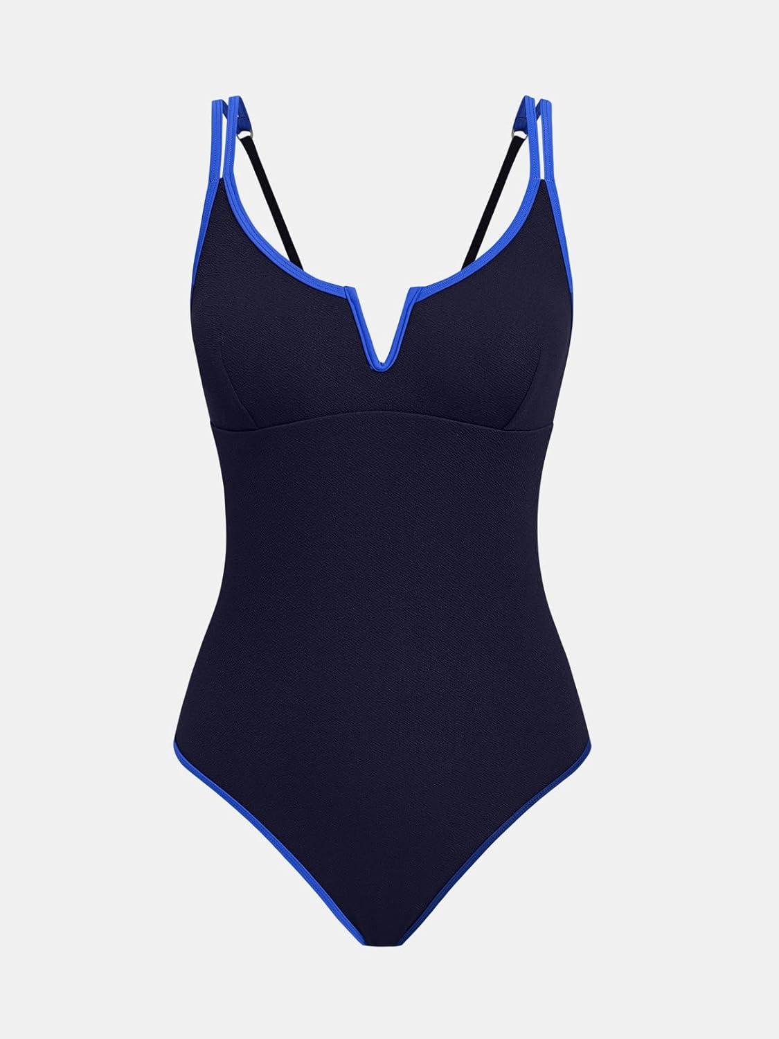 imageCUPSHE Womens One Piece Swimsuit Scoop Neck V Wire Binding Bathing Suit Adjustable Straps Textured FabricDark Blue