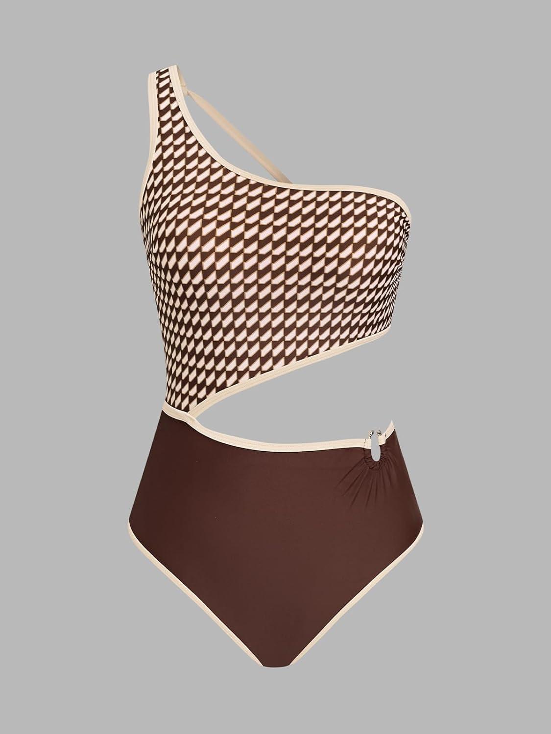 imageCUPSHE Womens One Piece Swimsuit Sexy Cutout One Shoulder Asymmetric Bathing Suit Color Block Adjustable StrapsBrownSandy Geo