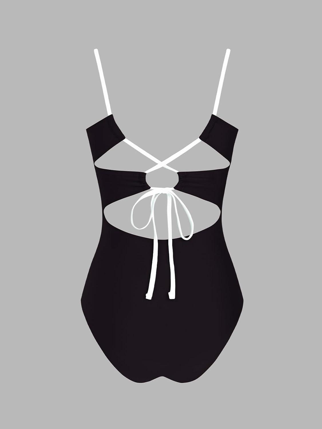 imageCUPSHE Womens One Piece Swimsuit Square Neck Bathing Suit Color Block Crisscross Back Cutout Adjustable Straps Self TieBlackWhite