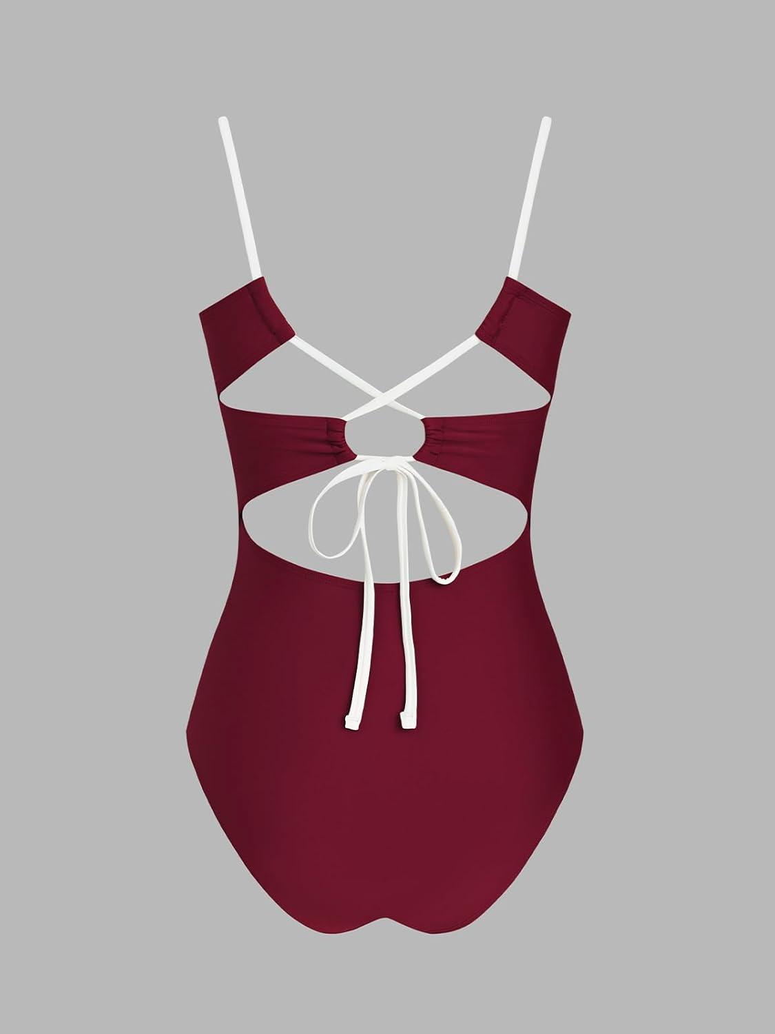 imageCUPSHE Womens One Piece Swimsuit Square Neck Bathing Suit Color Block Crisscross Back Cutout Adjustable Straps Self TieWine RedBeige