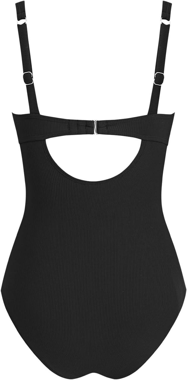 imageCUPSHE Womens One Piece Swimsuit Square Neck Bathing Suit Cutout Back Mesh Front Adjustable Wide Straps TexturedBlack