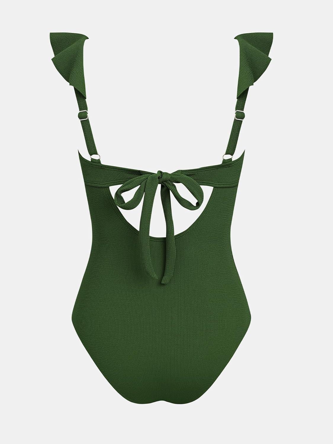 imageCUPSHE Womens One Piece Swimsuit Square Neck Ruffled Bathing Suit Stitching Cutout Adjustable Straps Self Tie TexturedOlive Green