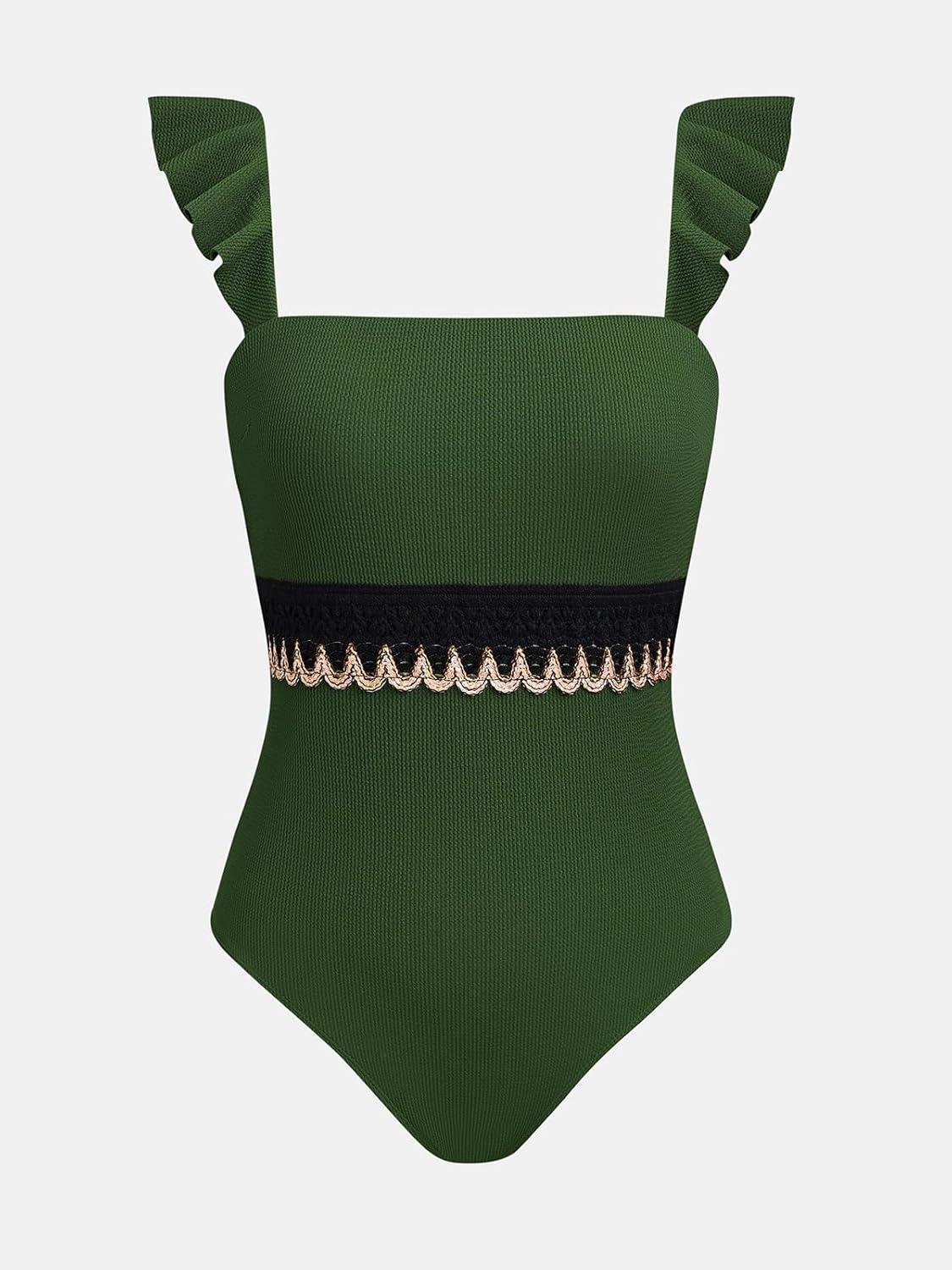 imageCUPSHE Womens One Piece Swimsuit Square Neck Ruffled Bathing Suit Stitching Cutout Adjustable Straps Self Tie TexturedOlive Green
