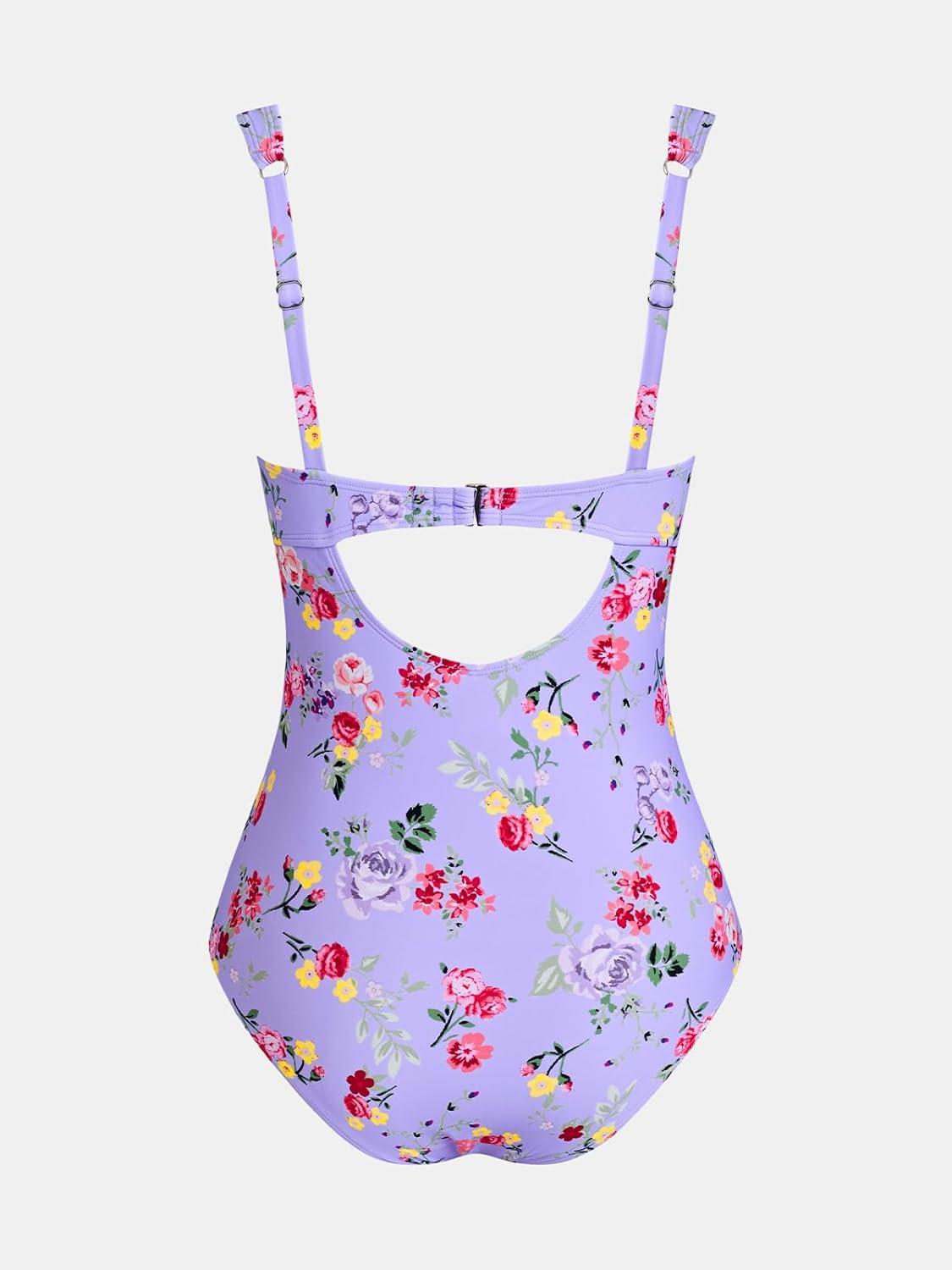 imageCUPSHE Womens One Piece Swimsuit Square Neck Tie Bathing Suit Adjustable Straps Back Hook RuchingLavender Floral