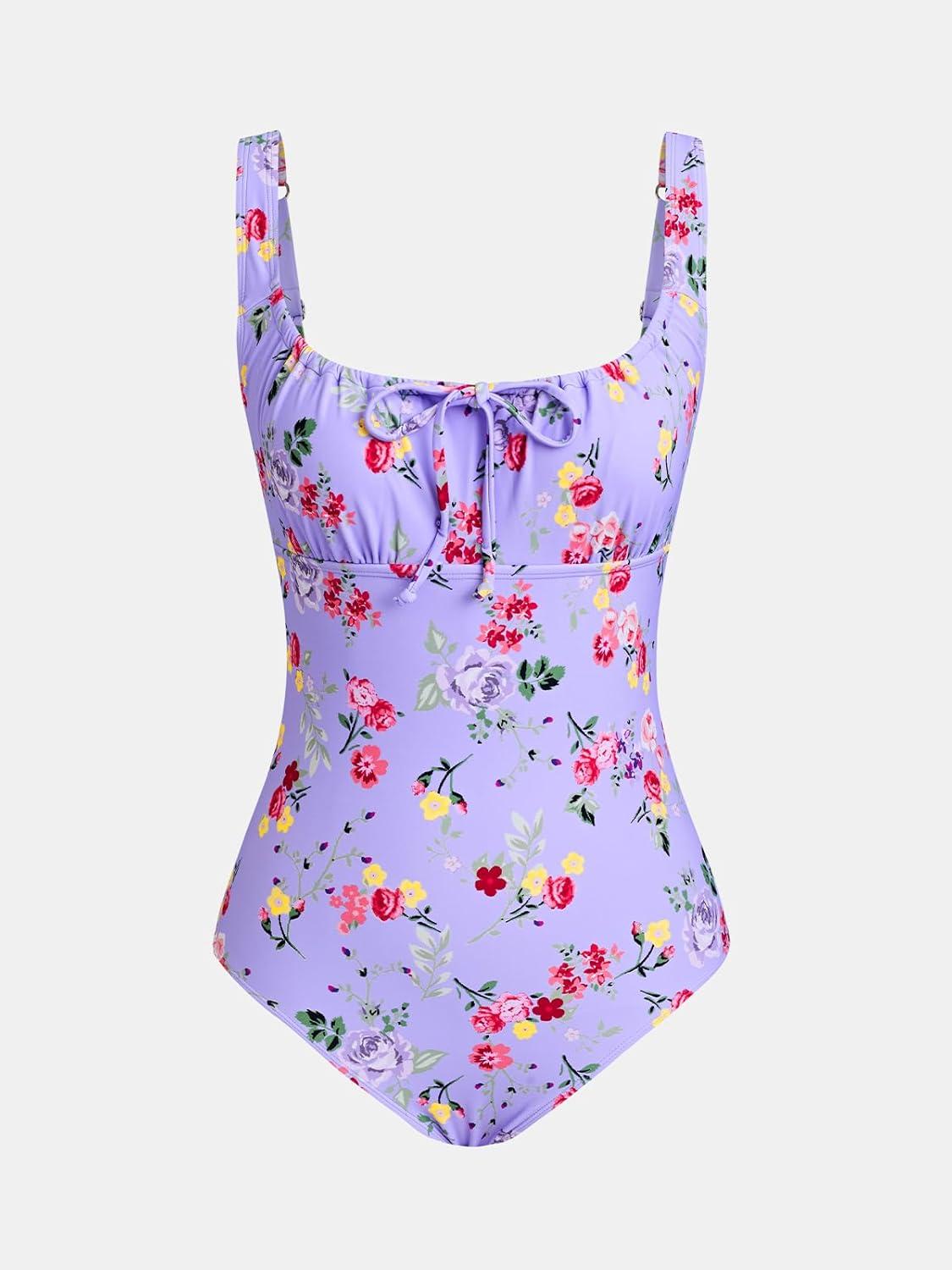 imageCUPSHE Womens One Piece Swimsuit Square Neck Tie Bathing Suit Adjustable Straps Back Hook RuchingLavender Floral