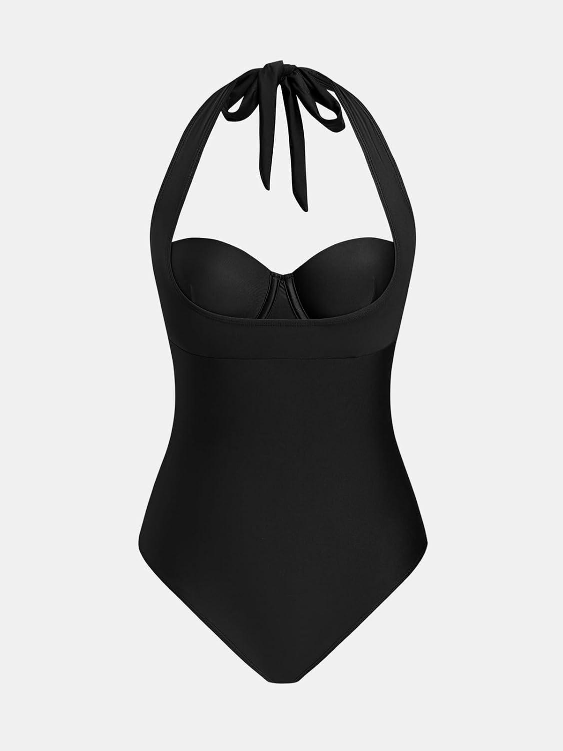 imageCUPSHE Womens One Piece Swimsuit Sweetheart Neck Halter Strappy Bathing Suit Underwire Hook Cutout SwimwearBlack