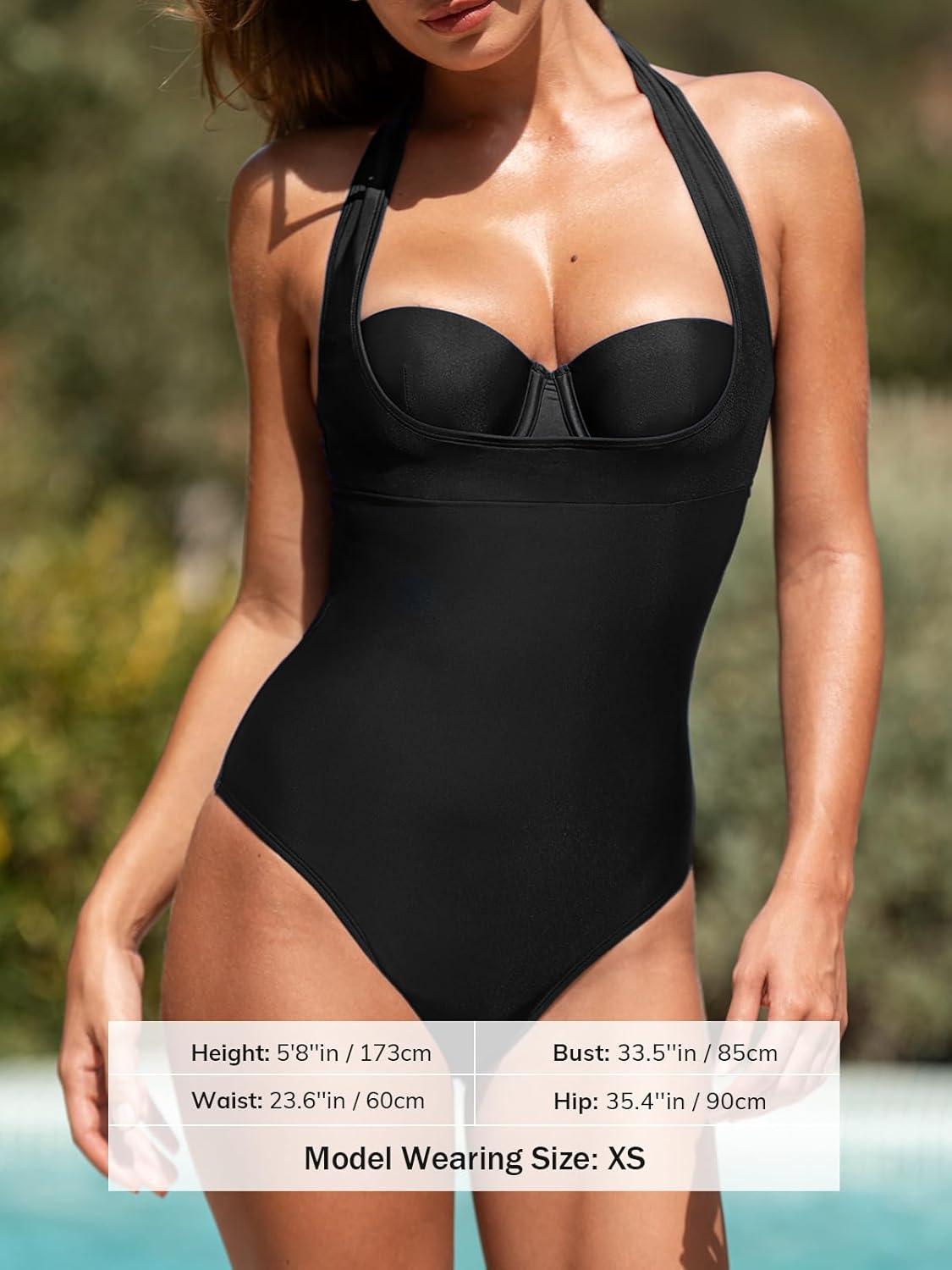 imageCUPSHE Womens One Piece Swimsuit Sweetheart Neck Halter Strappy Bathing Suit Underwire Hook Cutout SwimwearBlack