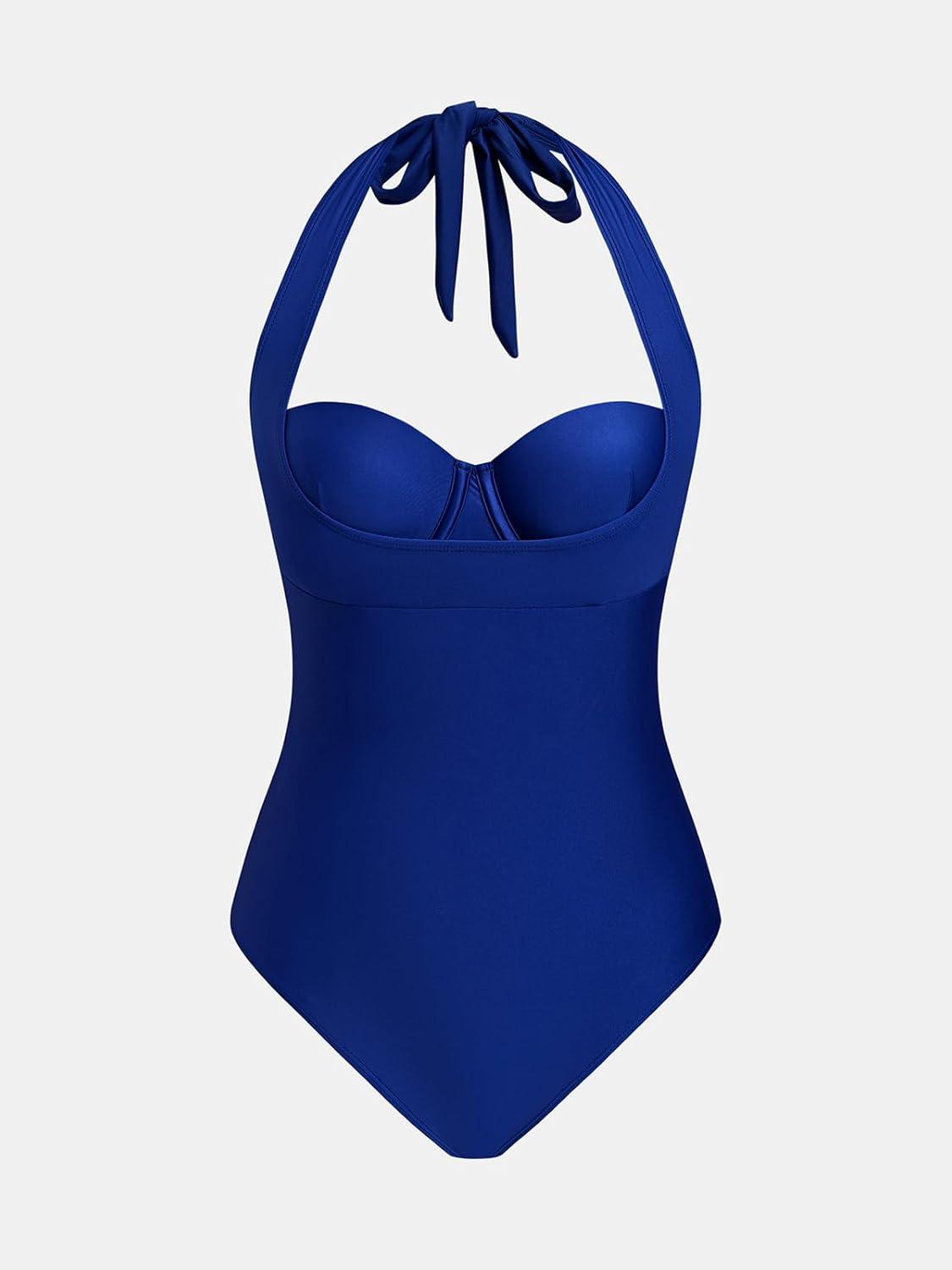 imageCUPSHE Womens One Piece Swimsuit Sweetheart Neck Halter Strappy Bathing Suit Underwire Hook Cutout SwimwearMidnight Blue