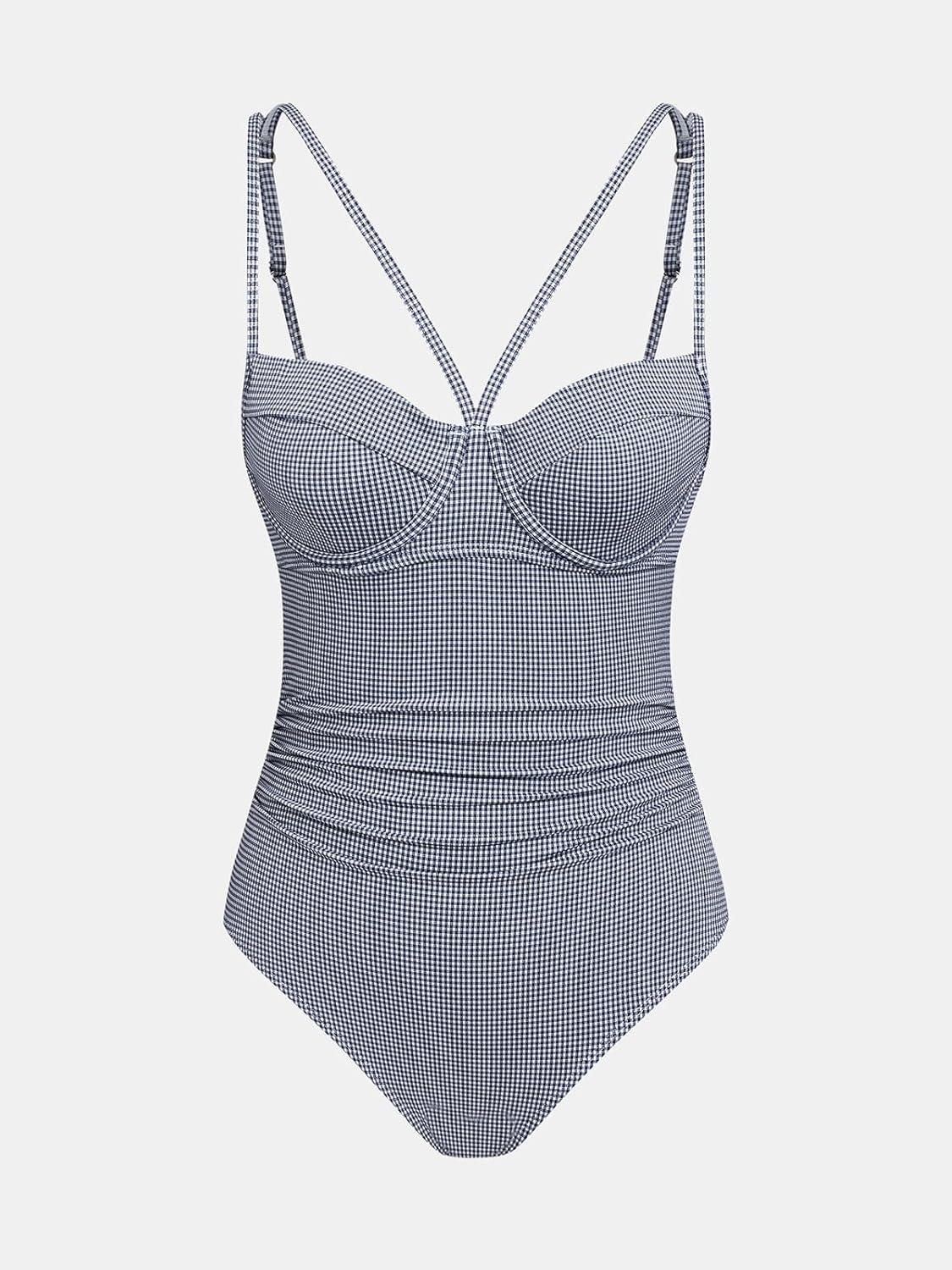 imageCUPSHE Womens One Piece Swimsuit Sweetheart Neck Underwire Adjustable Straps Bathing Suit Back Hook Tummy ControlNavy White Gingham