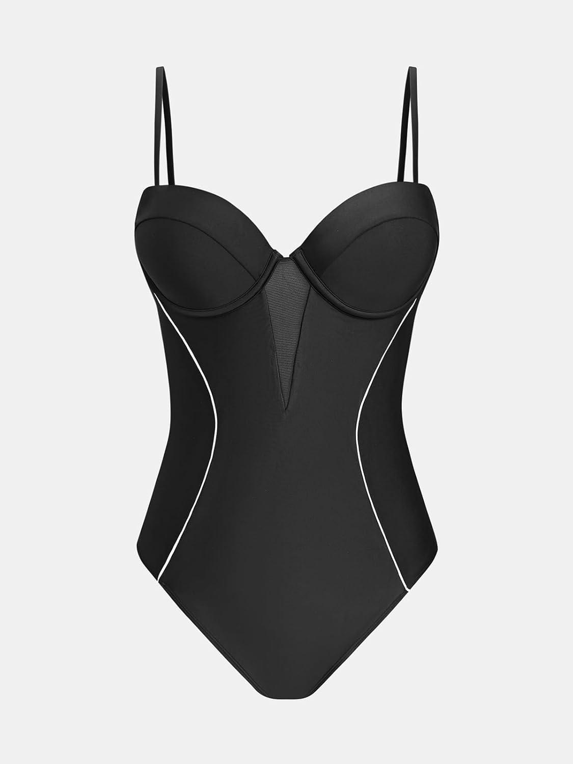 imageCUPSHE Womens One Piece Swimsuit Sweetheart Neck Underwire Bathing Suit Cutout Mesh Back Hook Adjustable StrapsBlack