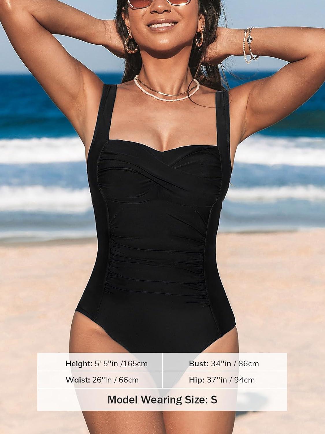 imageCUPSHE Womens One Piece Swimsuit Tummy Control Bathing Suit Square Neck Front Wrap Adjustable Wide StrapsBlack