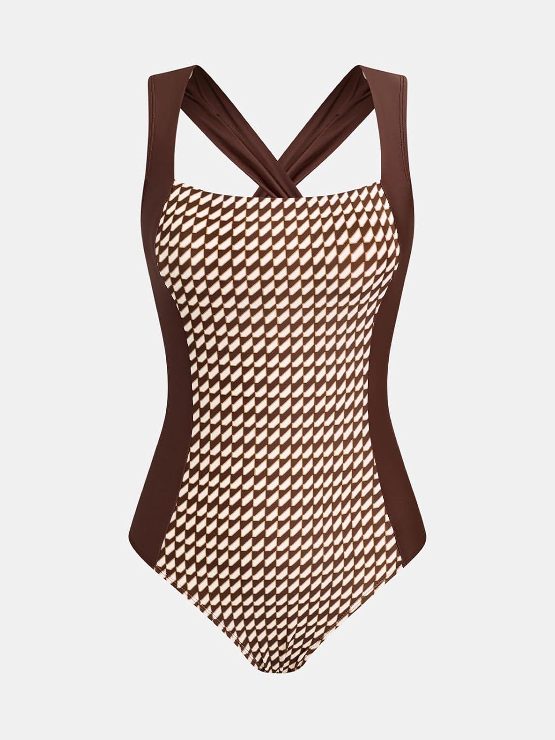 imageCUPSHE Womens One Piece Swimsuit Tummy Control Color Block Bathing Suit Cutout Crisscross Back Self Tie RetroBrownSandy Geo