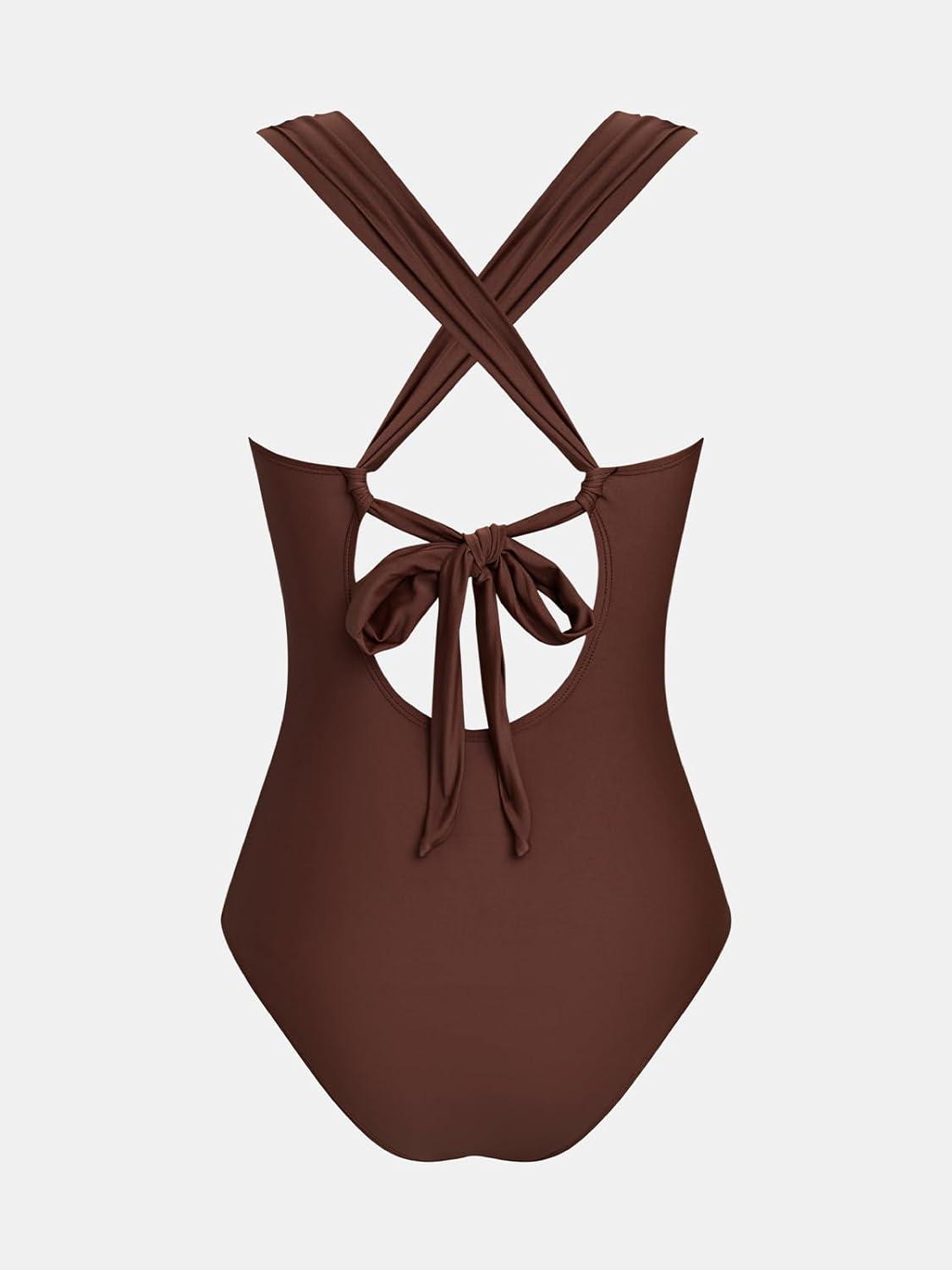 imageCUPSHE Womens One Piece Swimsuit Tummy Control Color Block Bathing Suit Cutout Crisscross Back Self Tie RetroBrownSandy Geo