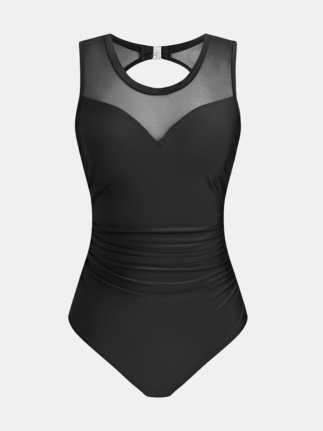 imageCUPSHE Womens One Piece Swimsuit Tummy Control High Neck Mesh Panel Bathing Suit Sexy Cutout Back Hook RuchedBlack