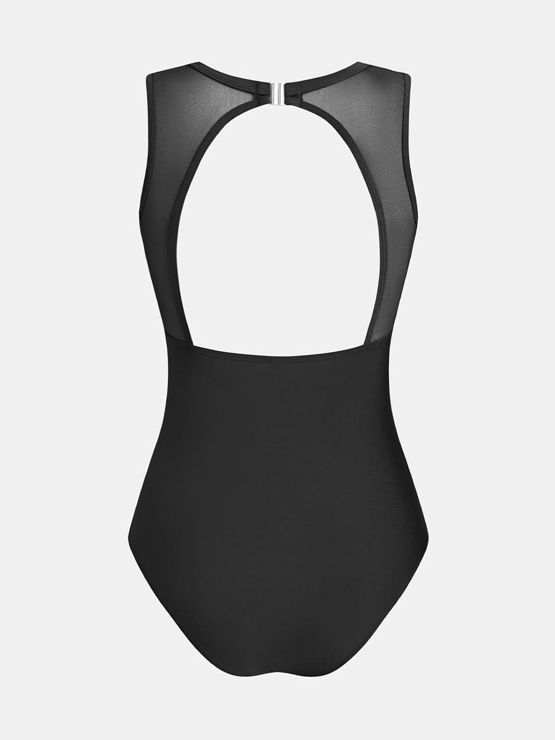 imageCUPSHE Womens One Piece Swimsuit Tummy Control High Neck Mesh Panel Bathing Suit Sexy Cutout Back Hook RuchedBlack