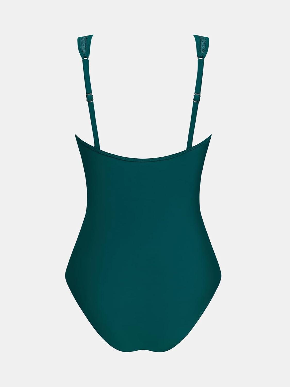 imageCUPSHE Womens One Piece Swimsuit V Neck Bathing Suit Adjustable Straps Mesh Jacquard Modest SwimwearTeal Blue