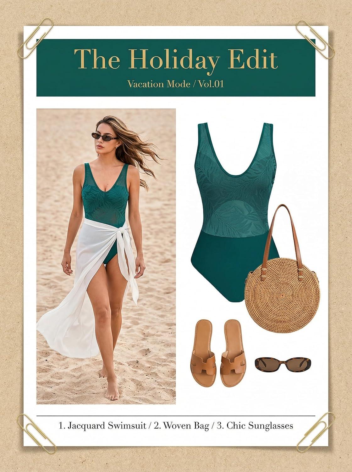 imageCUPSHE Womens One Piece Swimsuit V Neck Bathing Suit Adjustable Straps Mesh Jacquard Modest SwimwearTeal Blue