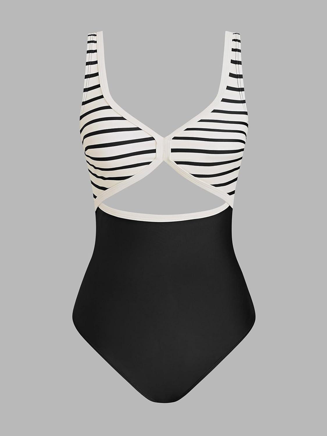imageCUPSHE Womens One Piece Swimsuit V Neck Bathing Suit Cutout Adjustable Wide Straps Back Hook StripeBlackStripe