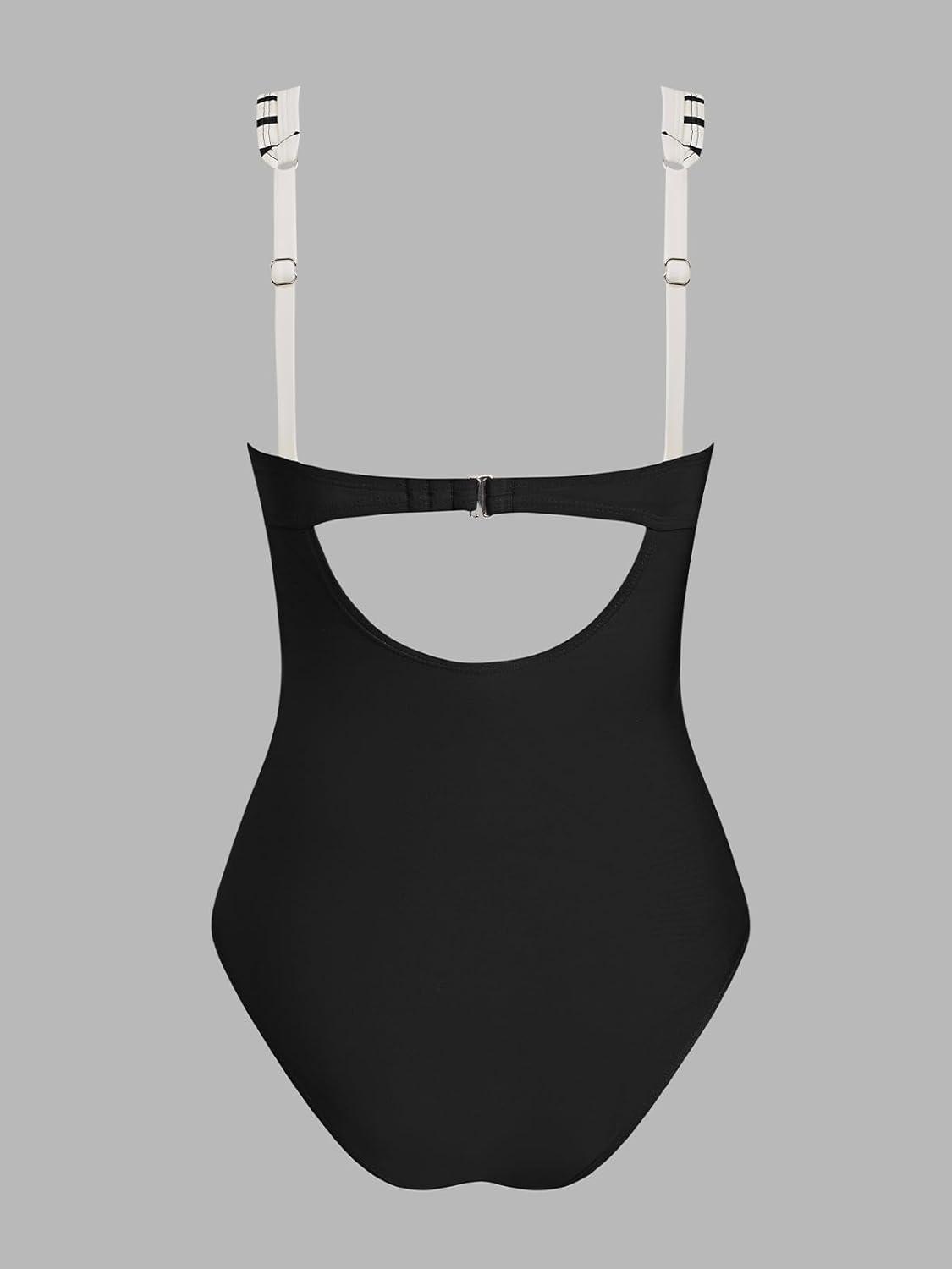 imageCUPSHE Womens One Piece Swimsuit V Neck Bathing Suit Cutout Adjustable Wide Straps Back Hook StripeBlackStripe