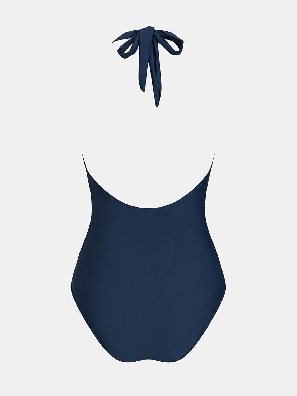 imageCUPSHE Womens One Piece Swimsuit V Neck Bathing Suit Mesh Halter Straps Adjustable Self Tie Swimwear CutoutsNavy Blue